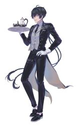 1boy alternate_costume black_hair black_jacket black_necktie black_pants black_shoes butler collared_shirt commentary english_commentary full_body gloves grey_vest hand_on_own_hip highres holding holding_tray jacket long_sleeves male_focus male_rover_(wuthering_waves) necktie nininininil open_clothes open_jacket pants parted_lips rover_(wuthering_waves) shirt shoes simple_background smile solo tray vest white_background white_gloves white_shirt wuthering_waves yellow_eyes