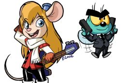 1girl amarao animal_ears bass_guitar blonde_hair blue_eyes bug chip_&#039;n_dale_rescue_rangers cosplay crossover disney dual_wielding flcl fly formal_clothes gadget_hackwrench goggles goggles_on_head gun handgun haruhara_haruko haruhara_haruko_(cosplay) holding insect instrument long_hair mickey_mouse_&amp;_friends mouse_(animal) mouse_ears mouse_girl mouse_tail pistol rcasedrawsstuff scarf suit tail thick_eyebrows weapon zipper_(chip_&#039;n_dale)