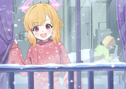 2girls :d absurdres animal_print bed blonde_hair blue_archive blue_halo blush breath cat_print curtain_grab curtains glass_door halo heart highres indoors keke_(user_djyu7823) looking_outside lying midori_(blue_archive) momoi_(blue_archive) multiple_girls open_mouth pajamas pink_halo print_pajamas purple_eyes railing sliding_doors smile snow snowing waking_up