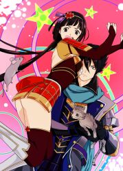 animal armor between_breasts black_hair boots breasts brown_eyes cat cleavage face_between_breasts head_between_breasts highres holding holding_animal ii_naotora jumping large_breasts long_hair mouse pursed_lips red_thighhighs scared scarf sengoku_musou tearing_up thighhighs thighs toudou_takatora_(sengoku_musou) twintails