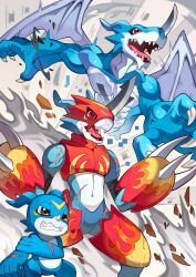 absurdres armor battle_damage blue_scales blue_skin colored_skin commission currynoodle_art digimon digimon_(creature) digimon_adventure_02 dragon evolutionary_line fladramon group_picture helmet highres horns red_armor red_helmet single_horn v-mon white_wings wings xv-mon