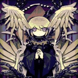 1other alleesaur animated animated_gif chain feathers iron_halo looking_at_viewer original own_hands_together purple_eyes short_hair solo spinning_halo white_hair