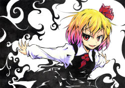 1girl ascot blonde_hair darkness gradient_hair hair_ribbon long_sleeves looking_at_viewer multicolored_hair open_hands outstretched_arms red_ascot red_eyes red_ribbon ribbon rumia shirt short_hair solo spread_arms su_yu touhou white_background white_shirt