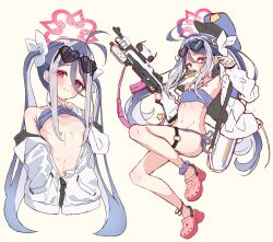 1girl absurdres alternate_costume ankle_scrunchie antenna_hair bare_shoulders bikini bikini_top_lift blue_archive blue_bikini blue_hair blue_hat blue_scrunchie blush bow breasts breasts_apart chocolate_donut closed_mouth clothes_lift commentary donut double-parted_bangs eyes_visible_through_hair eyewear_on_head food food_in_mouth fubuki_(blue_archive) full_body furrowed_brow grey_hair gun hair_between_eyes hair_bow hair_censor hair_ornament hair_over_breasts halo halterneck hand_up hat heart heart-shaped_eyewear heart_hair_ornament highres holding holding_gun holding_weapon jacket kanikama_acedia loli long_hair looking_at_viewer multiple_views nail_polish navel o-ring o-ring_thigh_strap open_clothes open_jacket partially_unzipped pink_halo pink_nails police_hat red_eyes scrunchie shy side-tie_bikini_bottom sidelocks simple_background sleeves_past_wrists small_breasts stomach straight_hair sunglasses sweat swimsuit thigh_strap twintails upper_body very_long_hair weapon white_bow white_jacket yellow_background