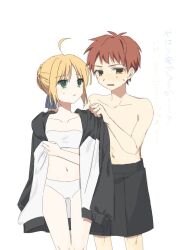 Rule 34 | 1boy, 1girl, ahoge, artoria pendragon (fate), blonde hair, braid, braided bun, brown eyes, couple, dun dudu, emiya shirou, fate/stay night, fate (series), green eyes, hair bun, jacket, red hair, saber (fate), swimsuit, unworn jacket