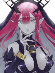 Rule 34 | 1girl, baobhan sith (fate), baobhan sith (second ascension) (fate), black nails, bracelet, breasts, detached sleeves, earrings, fate/grand order, fate (series), grey eyes, hand up, highres, hiyakamosirenai, hoop earrings, jewelry, long hair, looking at viewer, sidelocks, solo, spiked bracelet, spikes, upper body, veil, white background