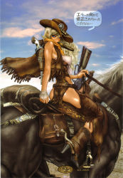 1girl blonde_hair boots breasts chili_pepper cigar cowboy_boots cowboy_hat cowboy_western female_focus fringe_trim gun habanero_pepper hat highres horse juliona_trans juriona_trans large_breasts long_hair looking_at_viewer looking_back rifle shiny_skin shirou_masamune solo weapon wild_wet_west