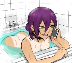 1girl ass bath bathing black_choker breasts cellphone chainsaw_man choker green_eyes hair_between_eyes hashtag-only_commentary highres holding holding_phone one-piece_tan phone purple_hair reze_(chainsaw_man) small_breasts smartphone solo talking_on_phone tan tanline thebabalgam water