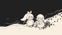 2girls :3 beach blunt_bangs chromatic_aberration cloak feather_hair_ornament feathers footprints hair_ornament highres holding holding_lantern hololive hololive_english lantern long_hair looking_at_another miya_(ikanyaide) monochrome multiple_girls mumei_(song)_(hololive) nanashi_mumei ocean ponytail ribbon smile tokoyami_towa very_long_hair virtual_youtuber walking