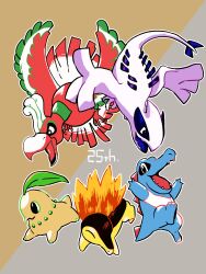 anniversary arms_up black_eyes brown_background chikorita cyndaquil full_body gen_2_pokemon grey_background highres ho-oh legendary_pokemon limited_palette lugia mizuto_(o96ap) nintendo no_humans nostrils open_mouth pokemon pokemon_(creature) pokemon_gsc starter_pokemon_trio totodile two-tone_background