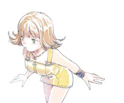 1girl bare_shoulders bracelet breasts brown_hair cowboy_shot curled_ends final_fantasy final_fantasy_viii green_eyes jewelry leaning_forward looking_to_the_side medium_breasts michibata_65 necklace overalls selphie_tilmitt short_hair solo white_background yellow_overalls