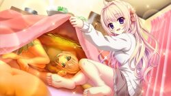 2girls ahoge aqua_eyes barefoot black_sweater blanket blonde_hair blue_skirt bow braid breasts brown_skirt crown_braid curtains dutch_angle film_grain from_side frying_pan game_cg hair_bow hair_intakes heater holding hotpot indoors izumi_tsubasu kotatsu lens_flare long_hair long_sleeves looking_at_viewer lying medium_breasts mole mole_under_each_eye mole_under_eye multiple_girls multiple_moles nishidate_haku non-web_source official_art on_floor on_side pink_blanket purple_eyes re:stage! red_bow shiratori_amaha_(re:stage!) short_hair sitting skirt small_breasts soles sparkle sweater table toes under_kotatsu under_table white_hair white_sweater wooden_door yokozuwari