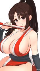 1girl absurdres arm_guards bare_shoulders blush breasts brown_eyes brown_hair cleavage closed_mouth fatal_fury folded_fan folding_fan hand_fan high_ponytail highres holding holding_fan japanese_clothes kocha_(jgug7553) large_breasts long_hair looking_at_viewer ninja pelvic_curtain ponytail revealing_clothes shiranui_mai simple_background smile solo street_fighter street_fighter_6 the_king_of_fighters upper_body wrist_guards