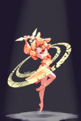 Rule 34 | 1girl, animal ears, arms up, barefoot, blonde hair, bow, chaoschao, closed mouth, commentary, dancer rabbit, detached sleeves, dual wielding, english commentary, flat chest, full body, highres, holding, kunai, looking at viewer, magic circle, midriff, navel, orange bow, orange sleeves, purple background, rabbit and steel, rabbit ears, rabbit girl, ribbon-trimmed tube top, short hair, skirt, smile, solo, spotlight, strapless, tube top, weapon, yellow eyes, yellow skirt, yellow tube top