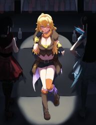 Rule 34 | 3girls, :o, ;o, absurdres, ahoge, asymmetrical legwear, bar (place), belt, black gloves, black hair, black shorts, blonde hair, blouse, boots, bottle, breasts, brown belt, brown footwear, brown shirt, cleavage, counter, crop top, dress, ember celica (rwby), facing away, fingerless gloves, full body, gauntlets, gloves, hand up, highres, large breasts, leaning back, long hair, looking at viewer, melanie malachite, midriff, miltiades malachite, multiple girls, navel, one eye closed, orange legwear, pouch, purple eyes, purple ribbon, red dress, ribbon, rwby, ryoha kosako, shirt, short hair, short shorts, shorts, siblings, single thighhigh, sisters, solo focus, spotlight, thigh boots, thighhighs, thighs, twins, white dress, yang xiao long, yellow shirt