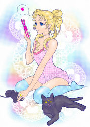 1girl alternate_hairstyle animal bare_shoulders bishoujo_senshi_sailor_moon black_cat blue_eyes blue_thighhighs bottomless cat cellphone choker contemporary controller double_bun dress earrings full_body game_controller hair_bun highres jewelry lace luna_(sailor_moon) phone pink_dress ring selena_(selenchic) short_dress sitting thighhighs tsukino_usagi twintails unmoving_pattern victory_rolls wariza