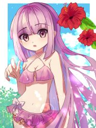 Rule 34 | 1girl, bikini, blue sky, blunt bangs, bush, cloud, day, flower, highres, long hair, looking at viewer, magia record: mahou shoujo madoka magica gaiden, mahou shoujo madoka magica, navel, pink bikini, pink eyes, pink hair, plusplushm, red flower, sidelocks, sky, swimsuit, tamaki iroha, tamaki iroha (swimsuit ver.), very long hair