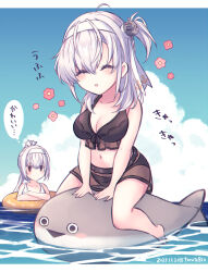 2girls anchor_hair_ornament barefoot bikini black_bikini breasts check_translation chibi cleavage closed_eyes cloud dated day fish fuyutsuki_(kancolle) hachimaki hair_between_eyes hair_ornament headband highres innertube kabocha_torute kantai_collection large_breasts long_hair multiple_girls no_mouth one_side_up outdoors parted_lips ponytail riding sacabambaspis sitting sky suzutsuki_(kancolle) suzutsuki_(swimsuit)_(kancolle) swim_ring swimsuit translation_request twitter_username water white_bikini white_hair