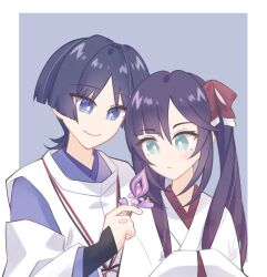 Rule 34 | 1boy, 1girl, alternate costume, aqua eyes, armor, black hair, blue eyes, blue kimono, blue sleeves, blunt bangs, blunt ends, border, bow, bright pupils, closed mouth, clothing cutout, eyeliner, eyeshadow, flower, genshin impact, hair between eyes, hair bow, hand up, highres, japanese armor, japanese clothes, juban, kariginu, kimono, kote, kurokote, layered sleeves, long hair, looking at flowers, makeup, mona (genshin impact), naku weed, parted bangs, pom pom (clothes), purple flower, purple sleeves, red bow, red eyeliner, red eyeshadow, red kimono, renacchi06, scaramouche (genshin impact), scaramouche (kabukimono) (genshin impact), shoulder cutout, side-by-side, sidelocks, smile, string, twintails, white border, white kimono, white pupils, white sleeves, wide sleeves