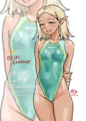 1girl blonde_hair breasts brown_eyes czow dark-skinned_female dark_skin elf forehead green_one-piece_swimsuit highleg highleg_one-piece_swimsuit highres one-piece_swimsuit original pointy_ears short_hair simple_background small_breasts smile solo standing swimsuit watermark white_background zoom_layer