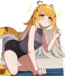 +_+ 1girl :3 all_fours animal_ear_fluff animal_ears black_shorts blonde_hair blush breasts character_request closed_mouth collarbone collared_shirt colored_inner_hair fang fang_out green_eyes grey_shirt highres ju_fufu long_hair mockingeu multicolored_hair shirt short_shorts shorts sleeveless sleeveless_shirt small_breasts solo tail tiger_ears tiger_girl tiger_tail white_hair zenless_zone_zero