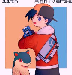 1boy anniversary backpack backwards_hat bad_id bad_twitter_id bag baseball_cap black_pants blue_hair blush border commentary_request creatures_(company) ethan_(pokemon) from_behind game_freak gen_2_pokemon grey_bag hand_up hat jacket long_sleeves male_focus nintendo open_mouth pants pokemon pokemon_(creature) pokemon_hgss purple_eyes quilava red_jacket short_hair smile umekobushi white_border