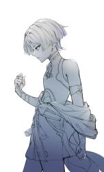 1boy arm_at_side armor belt blue_eyes blunt_ends bodysuit bow bridal_gauntlets clenched_hand closed_mouth clothes_down covered_collarbone eyelashes eyeliner eyeshadow from_side genshin_impact greyscale greyscale_with_colored_eyes gunocha hakama hakama_shorts hand_up highres hip_vent japanese_armor japanese_clothes juban kimono kote looking_to_the_side makeup male_focus mandarin_collar middle_ring monochrome multicolored_hair pleated_shorts purple_hair red_eyeliner red_eyeshadow rope sash scaramouche_(genshin_impact) shorts solo spot_color streaked_hair tsurime wanderer_(genshin_impact) white_background