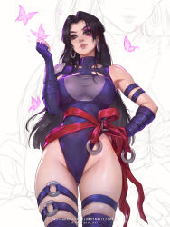 1girl absurdres black_hair blondynkitezgraja breasts gloves highleg highleg_leotard highres jewelry large_breasts leotard long_hair looking_at_viewer marvel marvel_rivals psylocke psylocke_(vengeance) purple_eyes sash solo superhero_costume thighhighs white_background x-men