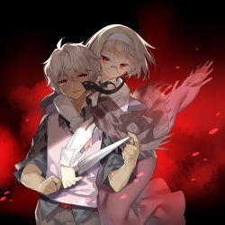 1boy 1girl black_shirt brown_pants brown_skirt collared_shirt dress_shirt facial_scar fingernails fringe_trim glasses hairband head_tilt holding holding_knife hug hug_from_behind knife light_brown_hair long_sleeves original pants parted_lips plaid red_eyes round_eyewear saru scar scar_on_cheek scar_on_face shawl shirt short_hair short_sleeves skirt smile sweater_vest tentacles white_hairband white_shirt