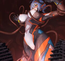 1girl absurdres artist_name blue_hair blush bodysuit breasts building cameltoe city colossus_(natsukaze_shigure) commission covered_erect_nipples covered_navel defeat giant giantess green_eyes highres impossible_bodysuit impossible_clothes lactation large_breasts magical_girl natsukaze_shigure navel nipples open_mouth original peril pussy_juice restrained short_hair signature skeb_commission skin_tight solo tears tentacles