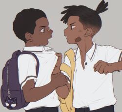 2boys aged_down anger_vein arm_grab bag bandaid bandaid_on_face bandaid_on_nose black_hair black_panther_(marvel) black_panther_(movie) brown_eyes buttons charm_(object) child clenched_hand collared_shirt commentary dark-skinned_male dark_skin grey_background hands_up killmonger looking_at_another male_focus marvel marvel_cinematic_universe multiple_boys open_mouth purple_bag qin_(7833198) shirt short_hair short_sleeves simple_background standing symbol-only_commentary t&#039;challa teeth topknot v-shaped_eyebrows white_shirt zipper