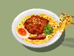 chili_pepper chopsticks cup food food_focus green_background heimuer highres hisachan55cute katsu_(food) no_humans noodles original pixel_art ramen scenery simple_background softboiled_egg