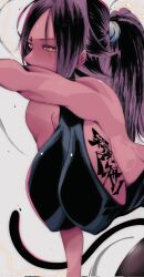 Rule 34 | 1girl, black leotard, bleach, bleach: sennen kessen-hen, breasts, dark-skinned female, dark skin, female focus, hair ornament, hanging breasts, japanese text, kinakomochi (user vedc2333), large breasts, leotard, long hair, parted bangs, ponytail, purple hair, shihouin yoruichi, sideboob, tail, toned, toned female, translation request, writing on breasts, yellow eyes