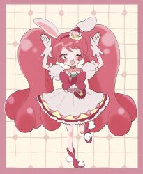 Rule 34 | 1girl, animal ears, animal shoes, boots, border, bow, bowtie, bright pupils, brooch, choker, collarbone, cure whip, dress, dress bow, earrings, extra ears, eyelashes, floppy ears, food print, frilled skirt, frilled sleeves, frills, fruit print, full body, gloves, grid background, hanamori tetora, hands up, happy, heart, heart print, highres, jewelry, kirakira precure a la mode, knees, leg up, long hair, magical girl, miniskirt, one eye closed, pink bag, pink boots, pink border, pink bow, pink bowtie, pink choker, pink hair, pink vest, pom pom (clothes), pom pom earrings, precure, puffy short sleeves, puffy sleeves, rabbit ears, rabbit girl, red eyes, short dress, short sleeves, skirt, skirt under dress, solo, square neckline, standing, straight-on, strawberry brooch, strawberry print, twintails, two-tone bag, usami ichika, very long hair, vest, waist bag, white dress, white gloves, white pupils, wide-eyed, yellow background, yellow bag, yellow skirt