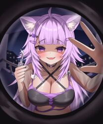 1girl :3 absurdres ahoge animal_ears black_bra black_choker black_shrug blush bra breasts building cat_choker cat_ears cat_girl cat_hair_ornament choker city cleavage criss-cross_halter fisheye glint hair_ornament hairclip halterneck heart_collar highres holding holding_key hololive key kumoru_(kumoru_145) large_breasts long_hair looking_at_viewer nekomata_okayu nekomata_okayu_(personya_respect) night o-ring o-ring_choker open_mouth pink_hair purple_bra see-through_shrug shrug_(clothing) smile solo underwear virtual_youtuber