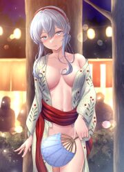 1girl against_tree blue_eyes blue_hair blush bottomless breasts covering_crotch covering_privates exhibitionism festival gotland_(kancolle) gotland_(yukata)_(kancolle) hair_between_eyes hairband hand_fan holding holding_fan japanese_clothes kantai_collection kimono lantern large_breasts long_sleeves looking_at_viewer mole mole_under_eye night open_clothes open_kimono outdoors paid_reward_available parted_lips public_indecency red_hairband ryu-akt sash silhouette solo tree yukata