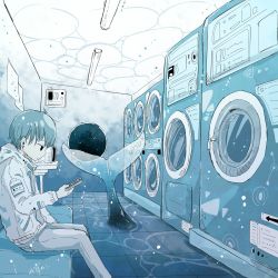 1boy absurdres blue_hair ceiling_light cellphone closed_mouth fluorescent_lamp grey_pants highres holding holding_phone jacket jitome kazunoko_(kazunoko_zunoco) laundry looking_at_phone looking_down male_focus original pants phone short_hair signature smartphone solid_oval_eyes solo underwater washing_machine water whale white_jacket