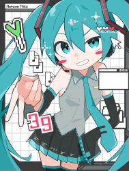 1girl absurdres aqua_eyes aqua_hair aqua_nails aqua_necktie black_skirt blush_stickers character_name cowboy_shot cursor detached_sleeves grey_shirt grid_background grin hatsune_miku highres long_hair long_sleeves looking_at_viewer miku_day miniskirt necktie norimi_(01norimi28) pleated_skirt shirt skirt sleeveless sleeveless_shirt smile solo spring_onion standing thighhighs twintails very_long_hair vocaloid window_(computing) zettai_ryouiki