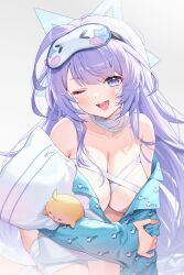1girl absurdres artist_request axe_ftga8758 azur_lane bandaged_leg bandages bandaid bandaid_on_cheek bandaid_on_face bare_shoulders blue_shirt blush breasts check_artist cleavage collarbone commentary hair_ornament heart heart_print highres holding_own_arm kneeling large_breasts long_hair looking_at_viewer manjuu_(azur_lane) mask mask_on_head mole mole_under_eye off_shoulder official_alternate_costume one_eye_closed open_mouth pillow print_shirt purple_eyes purple_hair santa_fe_(azur_lane) santa_fe_(the_rumor_mill_never_sleeps)_(azur_lane) shirt simple_background sleep_mask smile solo star-shaped_pupils star_(symbol) star_hair_ornament symbol-shaped_pupils thighs very_long_hair white_background