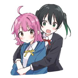 2girls ahoge black_hair blue_jacket blunt_bangs blunt_ends blush closed_mouth collared_shirt commentary_request embarrassed gradient_hair green_eyes green_hair hug hug_from_behind jacket kishimen_hair love_live! love_live!_nijigasaki_high_school_idol_club multicolored_hair multiple_girls neck_ribbon nijigasaki_school_uniform open_clothes open_jacket open_mouth pink_hair ribbon school_uniform shirt simple_background takasaki_yu tennoji_rina twintails watanabe_nako white_background yellow_eyes