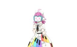 &gt;_o 1girl ahoge animal_ear_hairband animal_ears blunt_bangs capelet cat_ear_hairband cat_ears clenched_hand colorful_dreams!_colorful_smiles!_(love_live!) cowboy_shot dot-matrix dress earmuffs fake_animal_ears fur-trimmed_capelet fur-trimmed_collar fur_trim grey_ribbon hair_ornament hairband hand_up highres holding_hands kishimen_hair looking_at_viewer love_live! love_live!_nijigasaki_high_school_idol_club love_live!_school_idol_festival_2 medium_hair musical_note musical_note_print neck_ribbon offering_hand official_art one_eye_closed open_hand outstretched_arm outstretched_hand piano_print pink_hair rainbow_print rainbow_skirt reaching ribbon rina-chan_board solo star_(symbol) star_hair_ornament tennoji_rina transparent_background white_capelet white_dress wristband