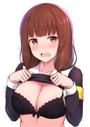1girl armband black_bra blunt_bangs blush bra breasts brown_hair cai_geng cleavage clothes_lift embarrassed female_focus iino_miko kaguya-sama_wa_kokurasetai_~tensai-tachi_no_renai_zunousen~ lifting_own_clothes long_hair long_sleeves low_twintails medium_breasts motion_lines nose_blush open_mouth red_eyes school_uniform shuuchiin_academy_school_uniform simple_background solo tearing_up tears trembling twintails underwear upper_body white_background