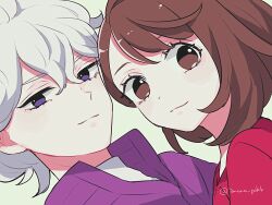 Rule 34 | 1boy, 1girl, bede (pokemon), brown eyes, brown hair, close-up, closed mouth, coat, commentary request, dress, eyelashes, gloria (pokemon), grey background, hair between eyes, highres, looking at viewer, nintendo, pokemon, pokemon swsh, purple coat, purple eyes, shinogo no, shirt, short hair, smile, twitter username, white shirt