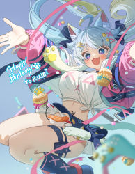 1girl absurdres animal_ears blue_hair cat_ears cat_tail english_text fang food hair_ornament highres jumping kneehighs lanmewko long_sleeves purple_eyes ruiuncle socks sushi tail tank_top thigh_strap x_hair_ornament