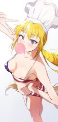 1girl american_flag american_flag_bikini american_flag_print bikini bikini_top_only blonde_hair blowing_bubble_gum breasts chef_hat chewing_gum flag_print flag_print_bikini hat highres katsu_(kana) long_hair looking_at_viewer medium_breasts monica_adenauer print_bikini side-tie_bikini_bottom simple_background solo string_bikini swimsuit twintails v white_background yakitate!!_japan
