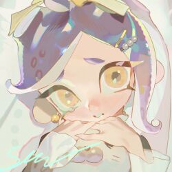 1girl absurdres acuteghost clenched_teeth commentary_request earrings fingernails furrowed_brow hair_ornament hairclip hands_up highres holding holding_stuffed_toy jewelry long_hair looking_at_viewer nintendo octoling octoling_girl octoling_player_character parted_bangs portrait purple_hair sharp_fingernails solo sphere_earrings splatoon_(series) stuffed_seal stuffed_toy tearing_up teeth tentacle_hair yellow_eyes