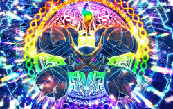 absurdres colorful commentary commentary_request gen_3_pokemon glowing glowing_eyes highres huge_filesize looking_at_viewer mega_metagross mega_pokemon metagross multicolored_background nintendo no_humans pink_eyes pokemon pokemon_(creature) rainbow_gradient solo sparkle sparkle_background symmetry tagme yama_neko_3