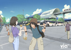 3girls 6+boys :p aldo_(yudhacakranidji) backpack bag black_hair blue_pants blue_shirt blue_sky brown_hat bus child cloud day food hat highres holding holding_bag holding_food indonesia lamppost motor_vehicle multiple_boys multiple_girls nayla_(yudhacakranidji) original outdoors pants parking_lot plastic_bag purple_shirt shirt short_sleeves sky standing t-shirt tongue tongue_out traffic_cone train train_station walking white_pants yudhacakranidji