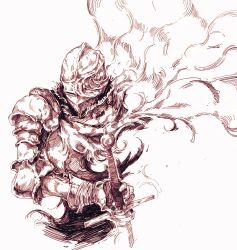 1boy absurdres armor breastplate commentary cropped_torso dissolving elden_ring english_commentary full_armor gloves helm helmet highres holding holding_sword holding_weapon l_c_ri_s_ps male_focus monochrome red_theme roundtable_knight_vyke simple_background smoke solo sword torn_clothes weapon white_background
