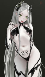 1girl absurdres bao_(pixiv_99415611) bare_shoulders black_horns black_liquid black_nails breasts fang forehead gluteal_fold goddess_of_victory:_nikke green_eyes grey_hair highres horns leviathan_(nikke) liquid_clothes long_hair navel open_mouth piercing pointy_ears pubic_tattoo simple_background small_breasts tattoo thick_thighs thighs tongue tongue_out tongue_piercing